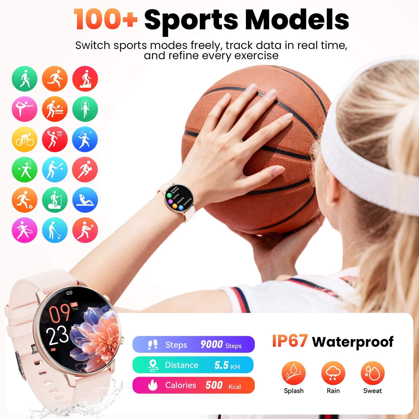 Smart Watch for Women, 1.39" Fitness Tracker with Bluetooth Calls(Answer&Make&Message Reminder), Smart Watch Fits for Android and Iphone, IP67 Waterproof, 100+ Sport Modes Smartwatch, for Gift, Pink